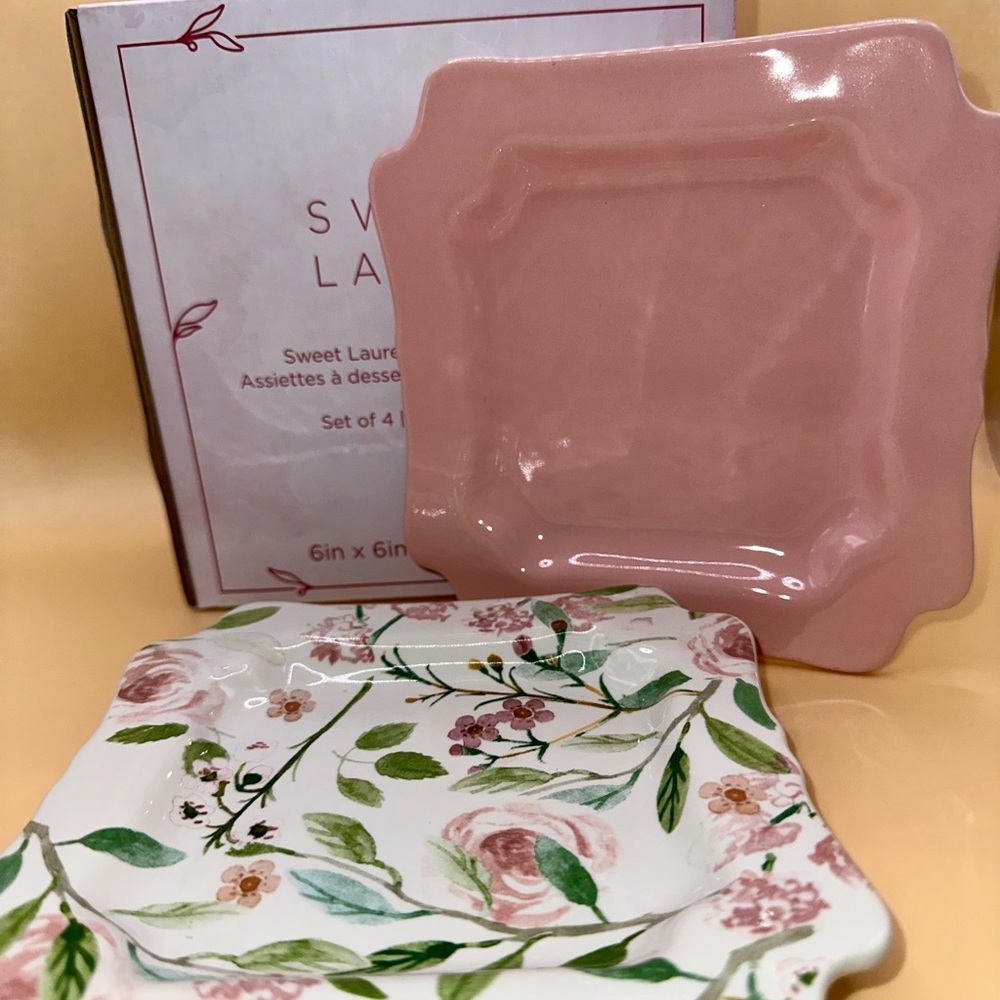 Sweet Laurel 6” Square Dessert Plates Set of 4 Pink & Floral Victorian Style